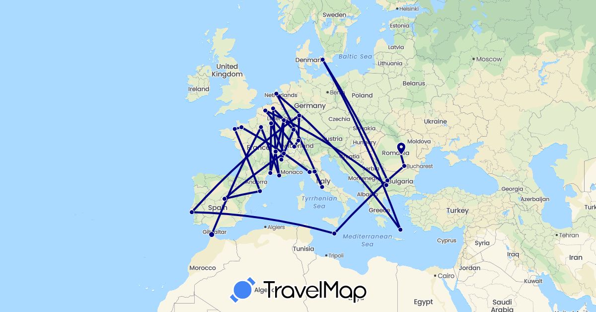 TravelMap itinerary: driving in Belgium, Bulgaria, Switzerland, Germany, Denmark, Spain, France, Greece, Italy, Luxembourg, Morocco, Malta, Netherlands, Portugal, Romania (Africa, Europe)